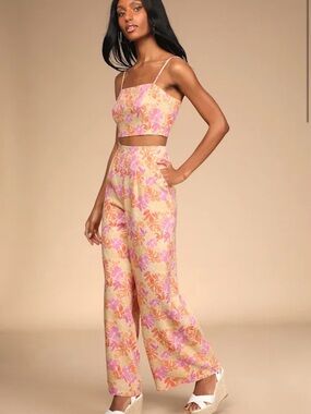 Lulu’s Hibiscus Haze Orange Floral Print Wide-Leg Two-Piece Jumpsuit